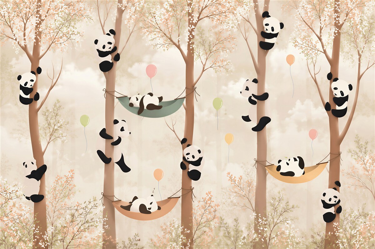 Fotobehang verschillende panda's in de bomen