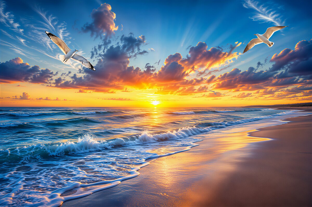 Fotobehang zonsondergang en meeuwen