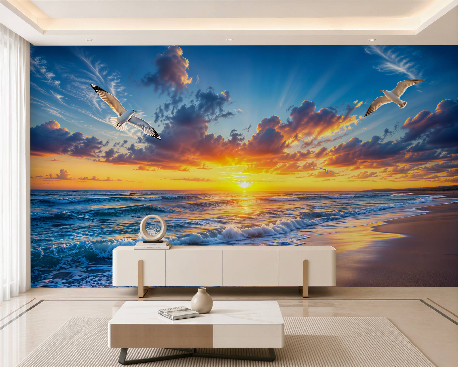 Fotobehang zonsondergang en meeuwen