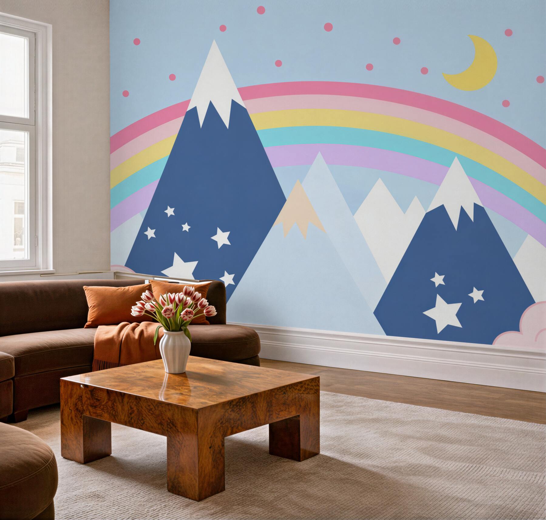 Fotobehang blauwe bergen op een regenboog achtergrond