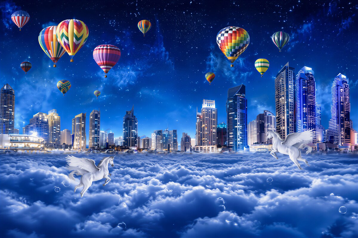 Fotobehang ballonnen in de nachtelijke stad