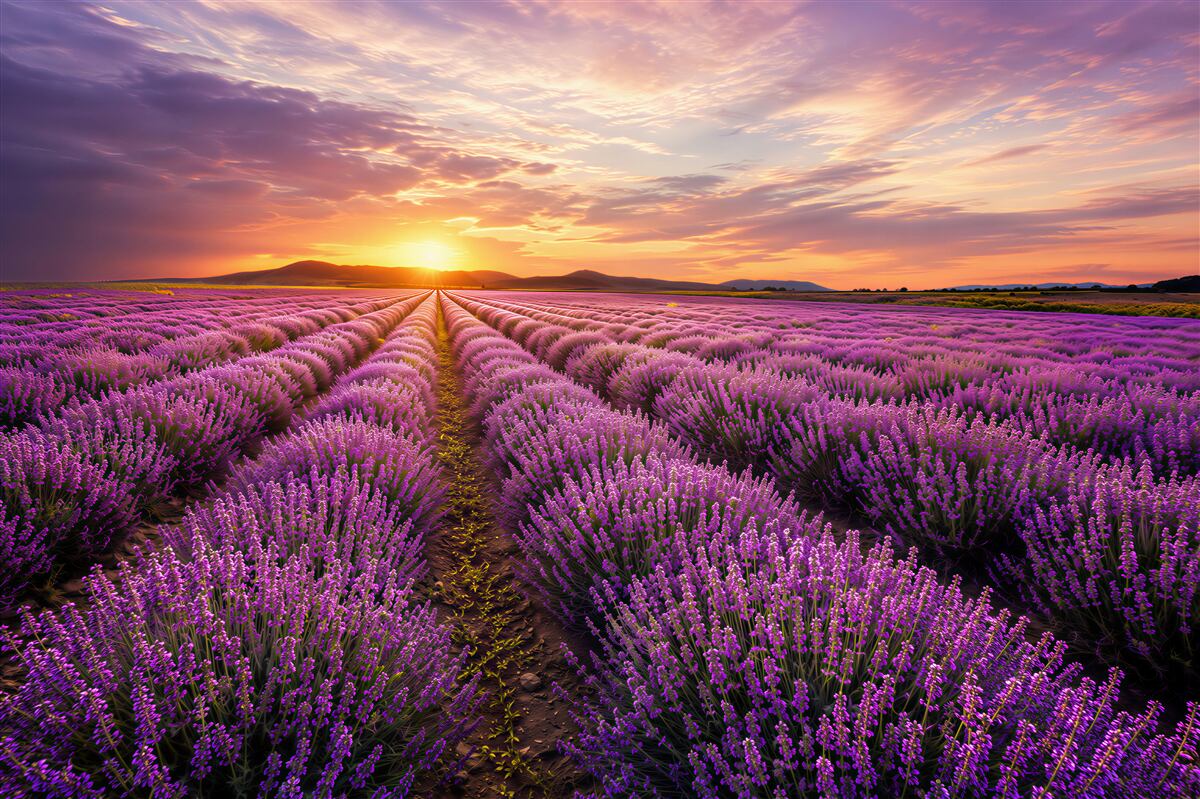 Fotobehang lavendelveld bij zonsondergang