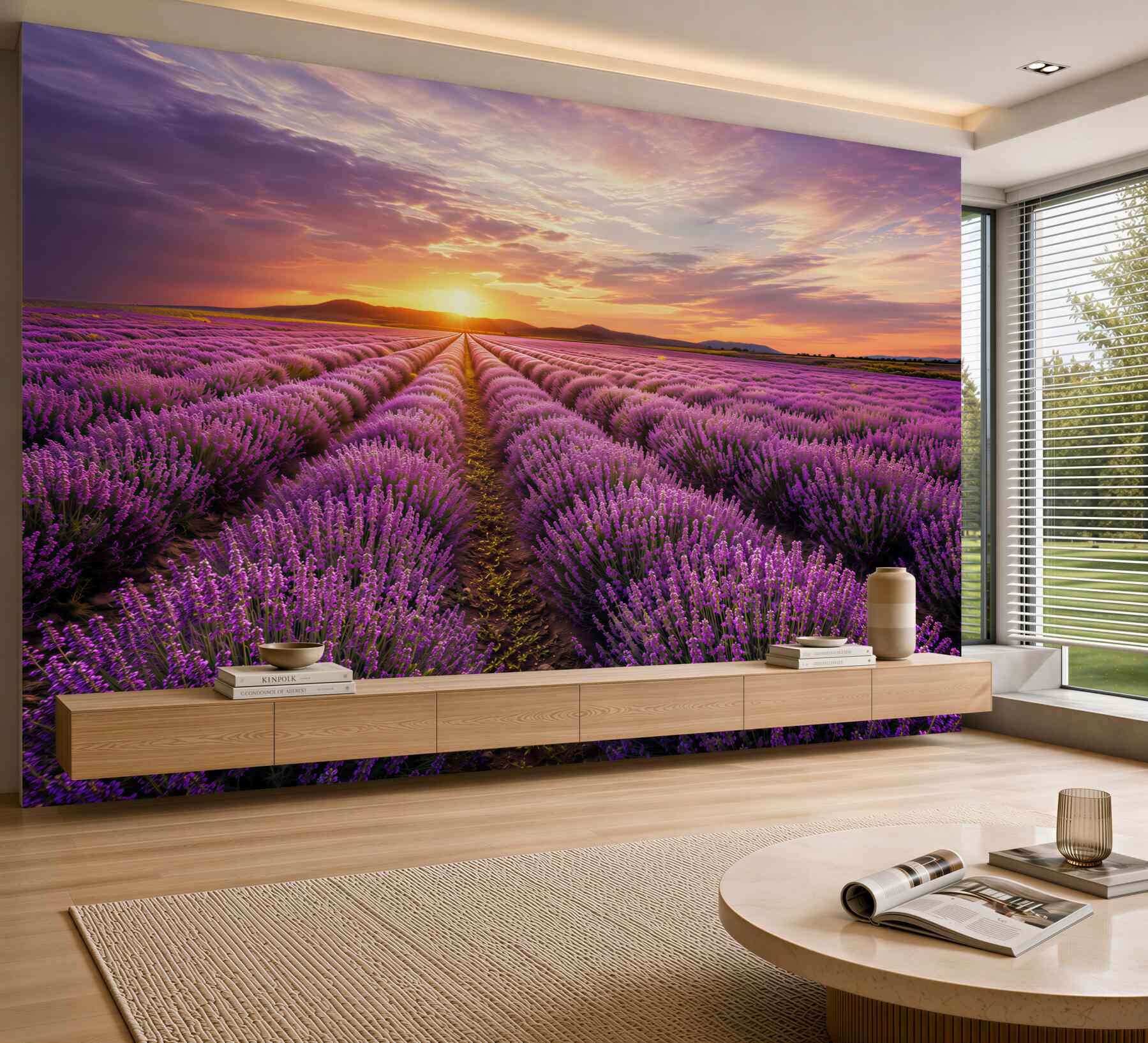 Fotobehang lavendelveld bij zonsondergang