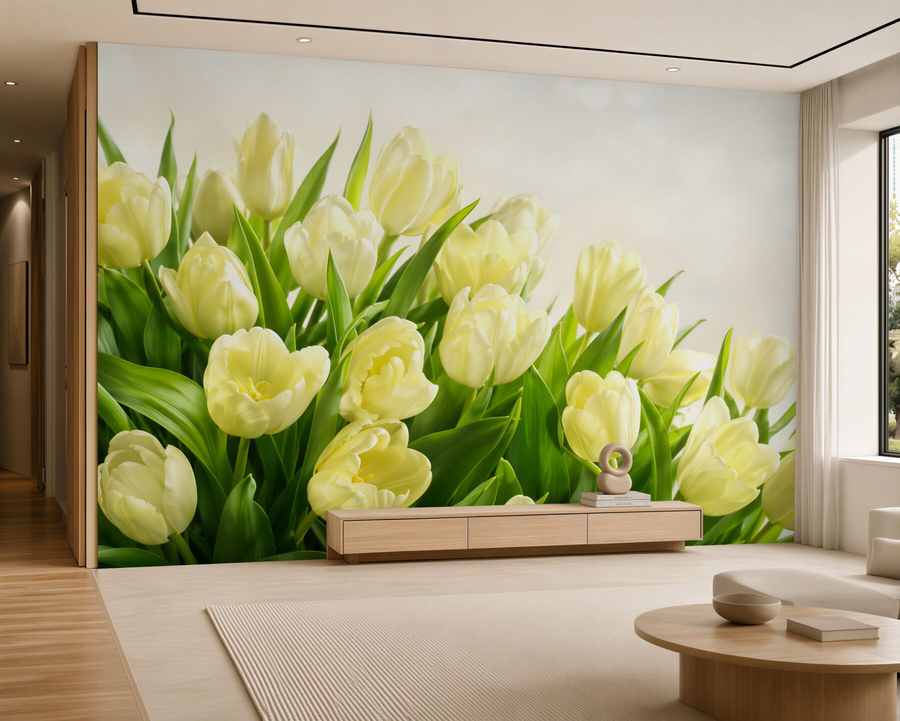 Fotobehang gele tulpen met groen
