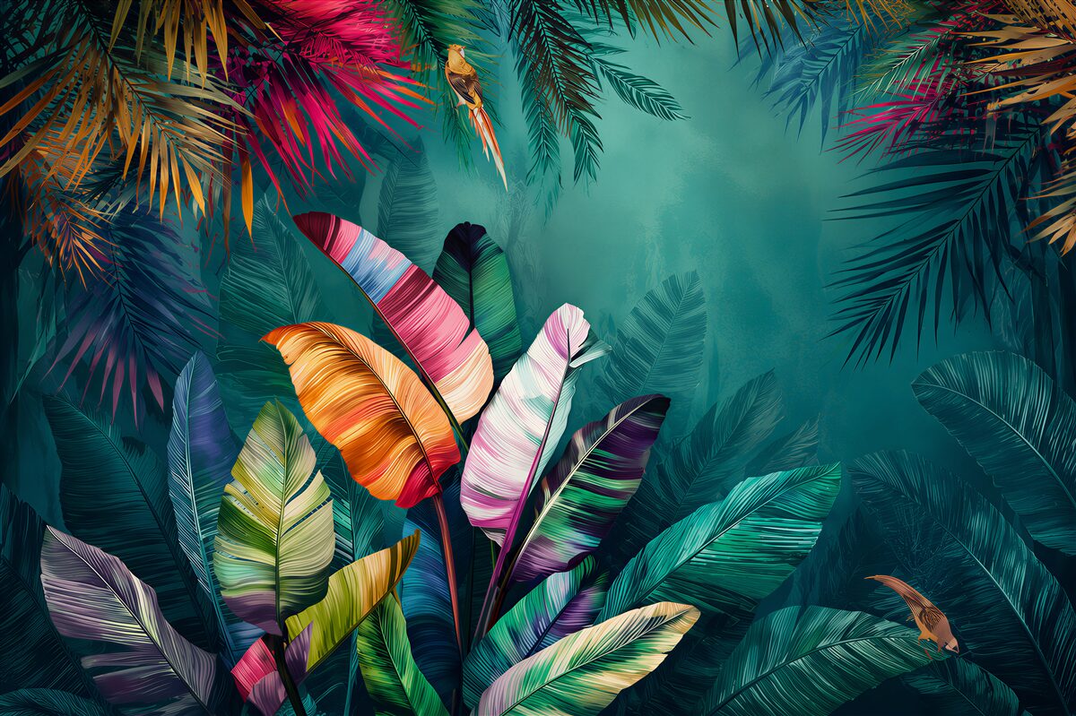 Fotobehang heldere compositie van tropische herfstbladeren