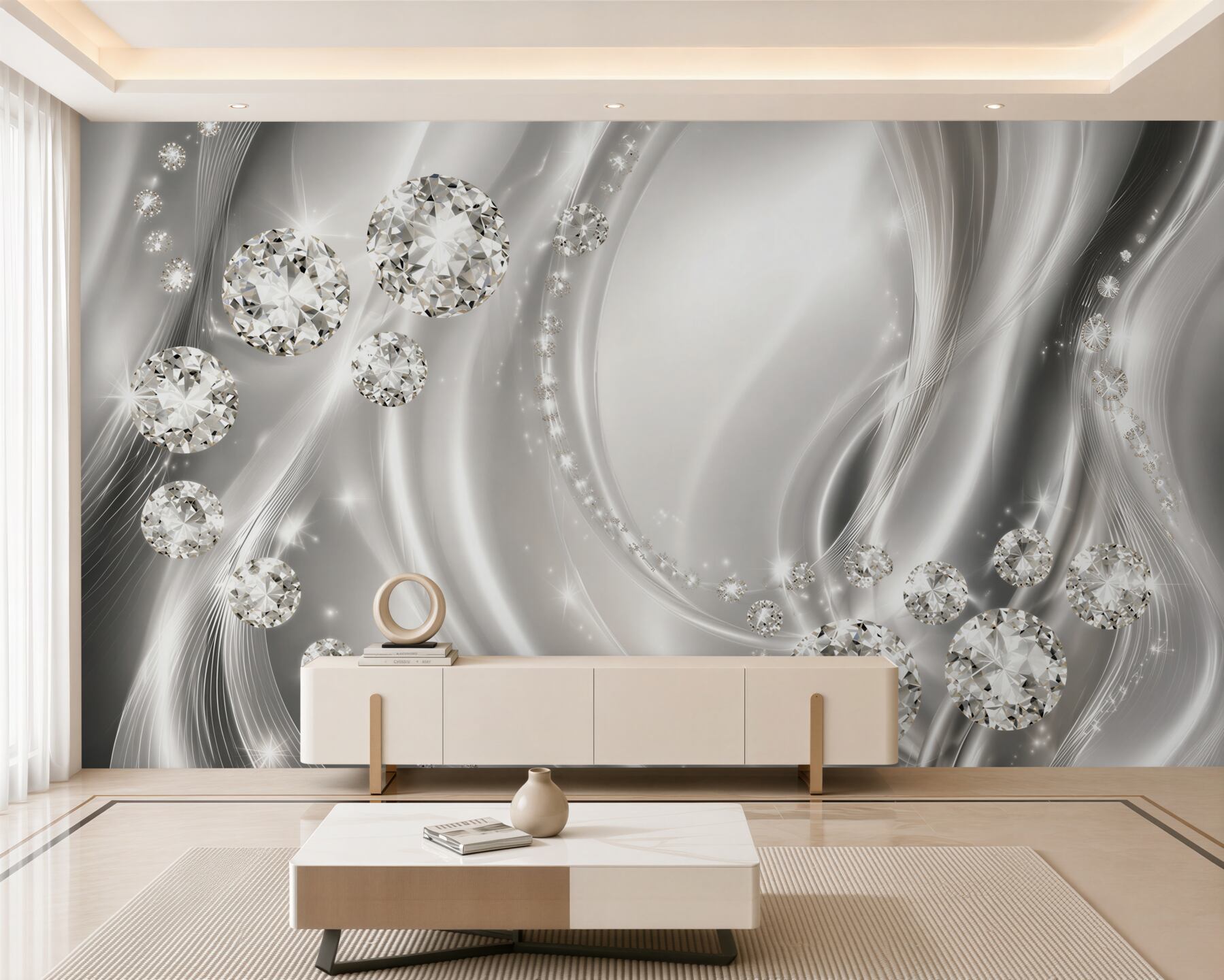 Fotobehang diamanten op witte zijde