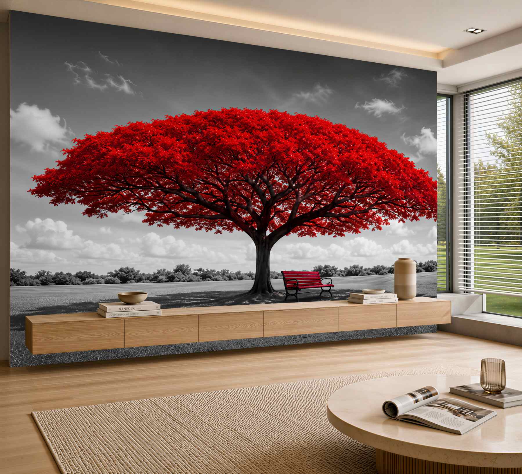 Fotobehang rode levensboom op een grijze weide