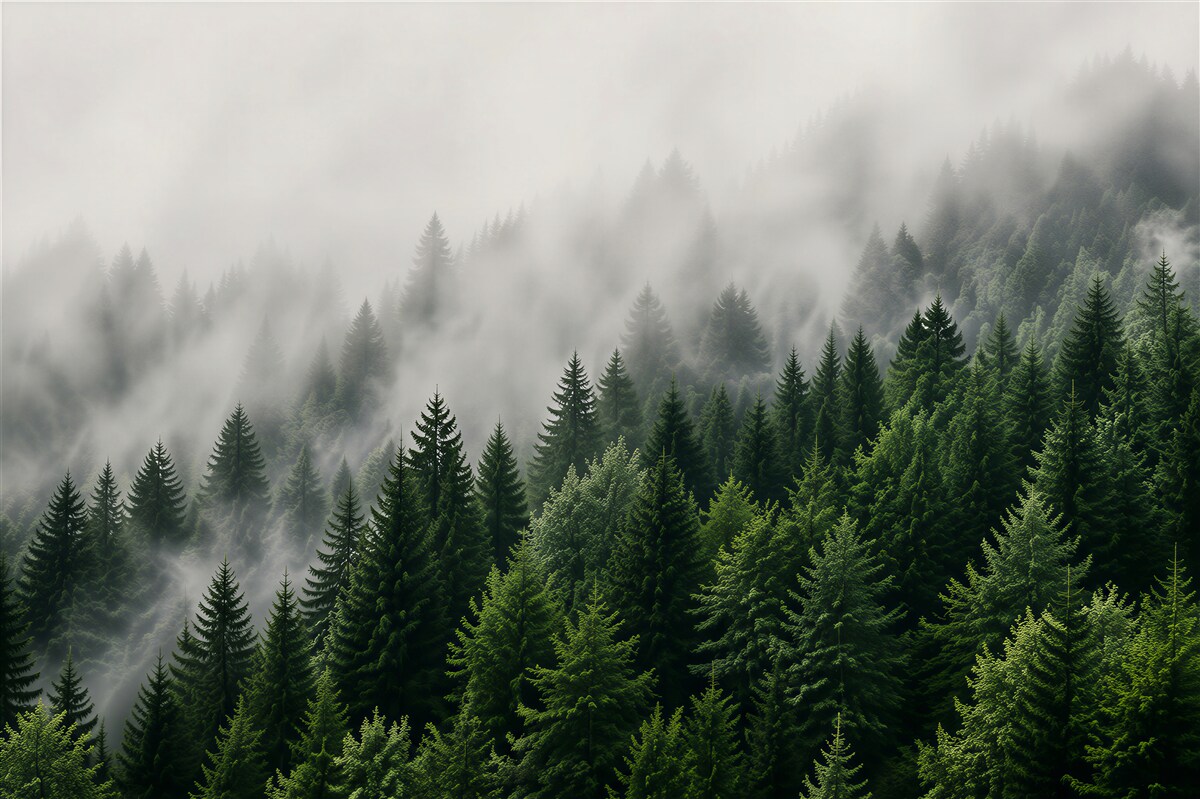 Fotobehang mist valt over een bergbos