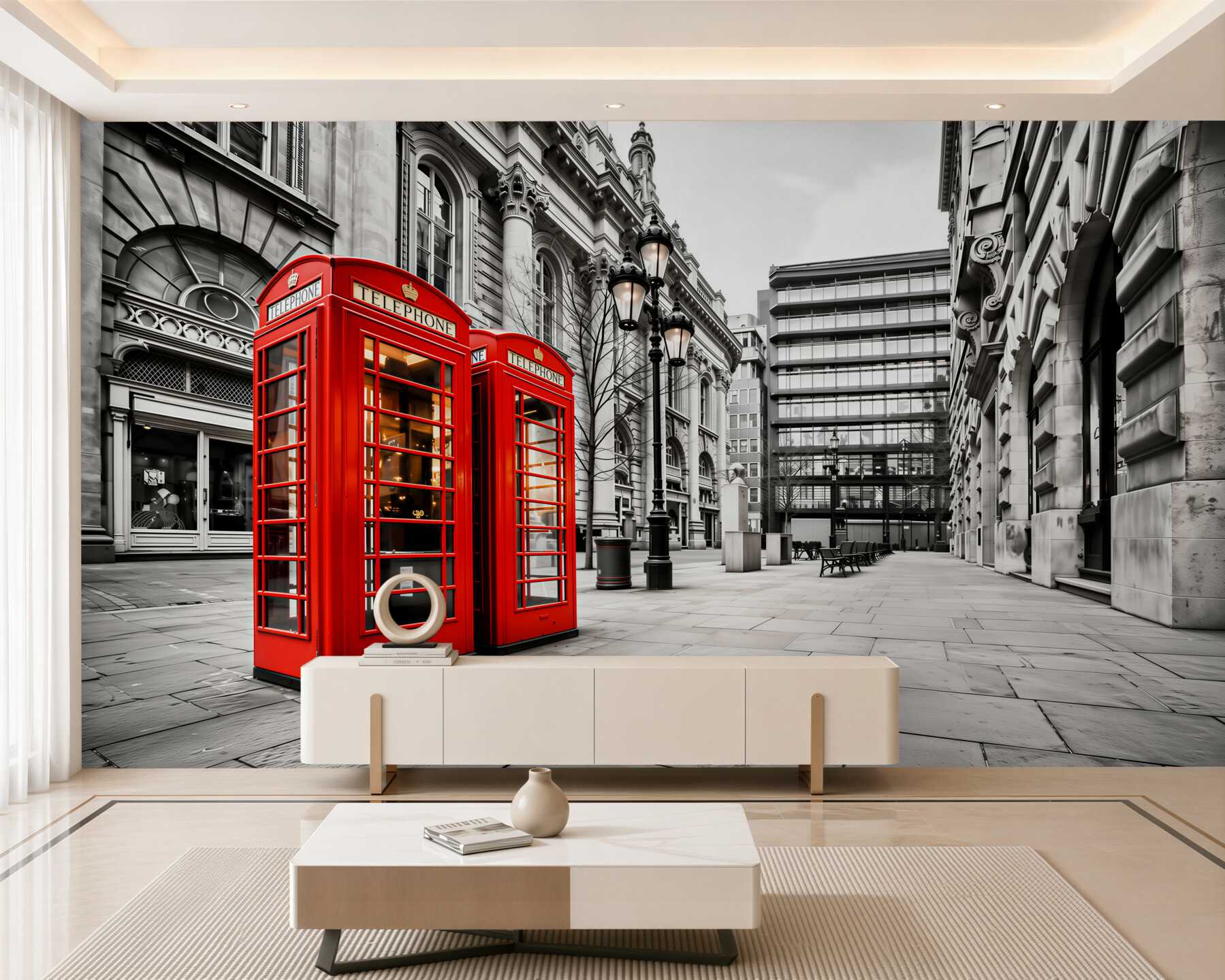 Fotobehang rode telefoonhokjes op straat