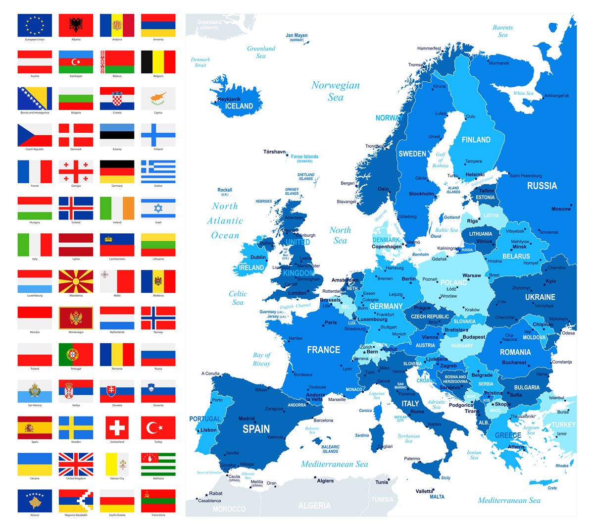 Fotobehang kaart van de landen van Europa met vlaggen