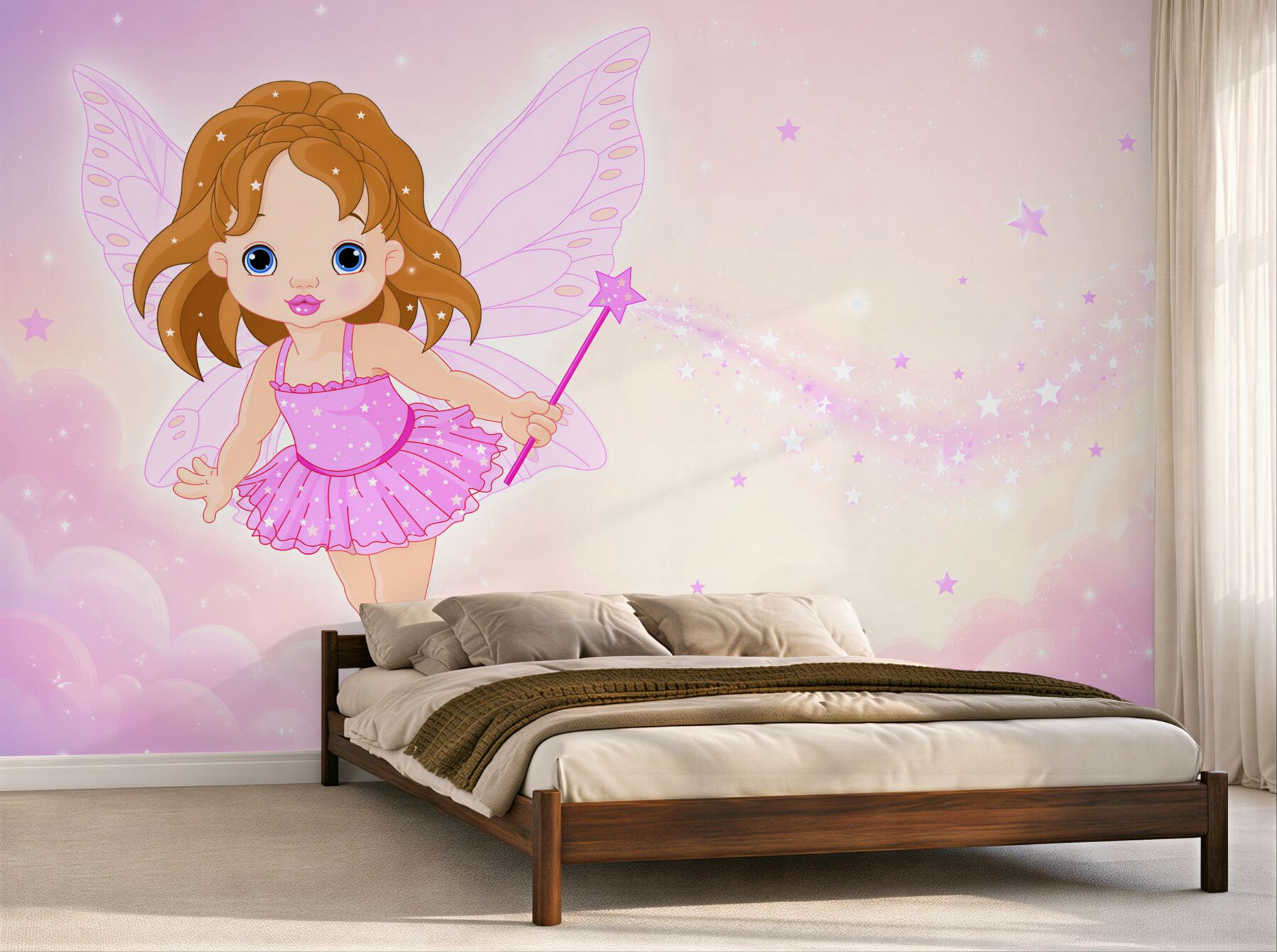 Fotobehang Roodharig meisje met roze vleugels