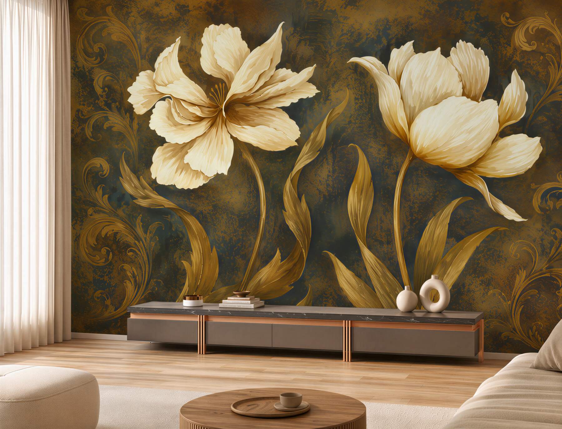 Fotobehang twee grote beige bloemen