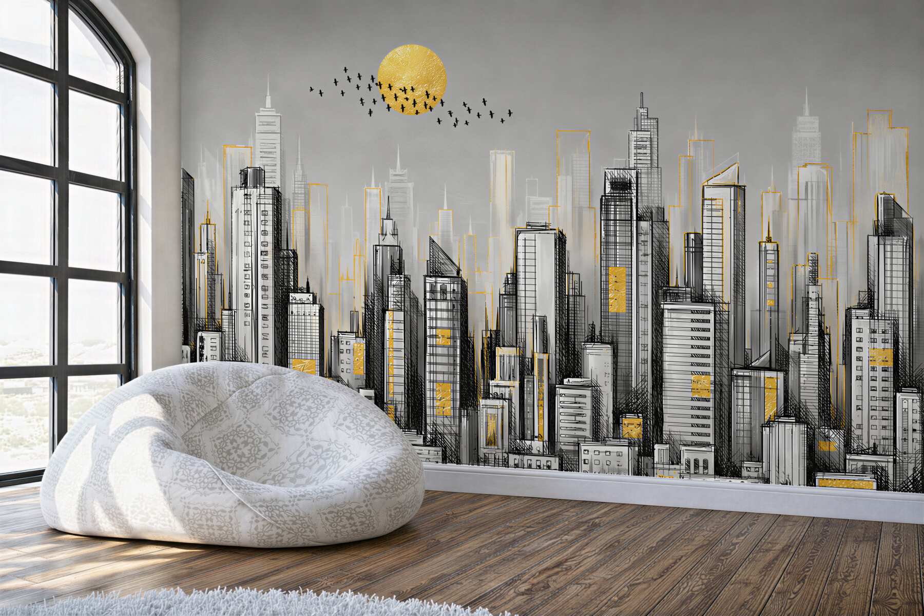 Fotobehang gele zonsondergang boven de grijze stad