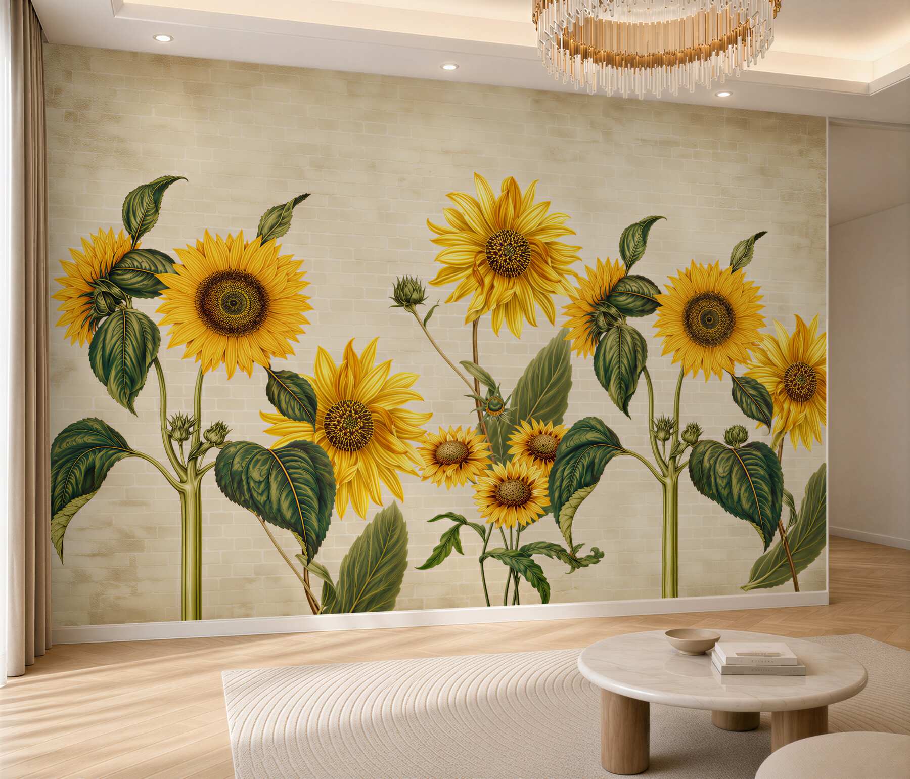 Fotobehang zonnebloem op een bakstenen muur