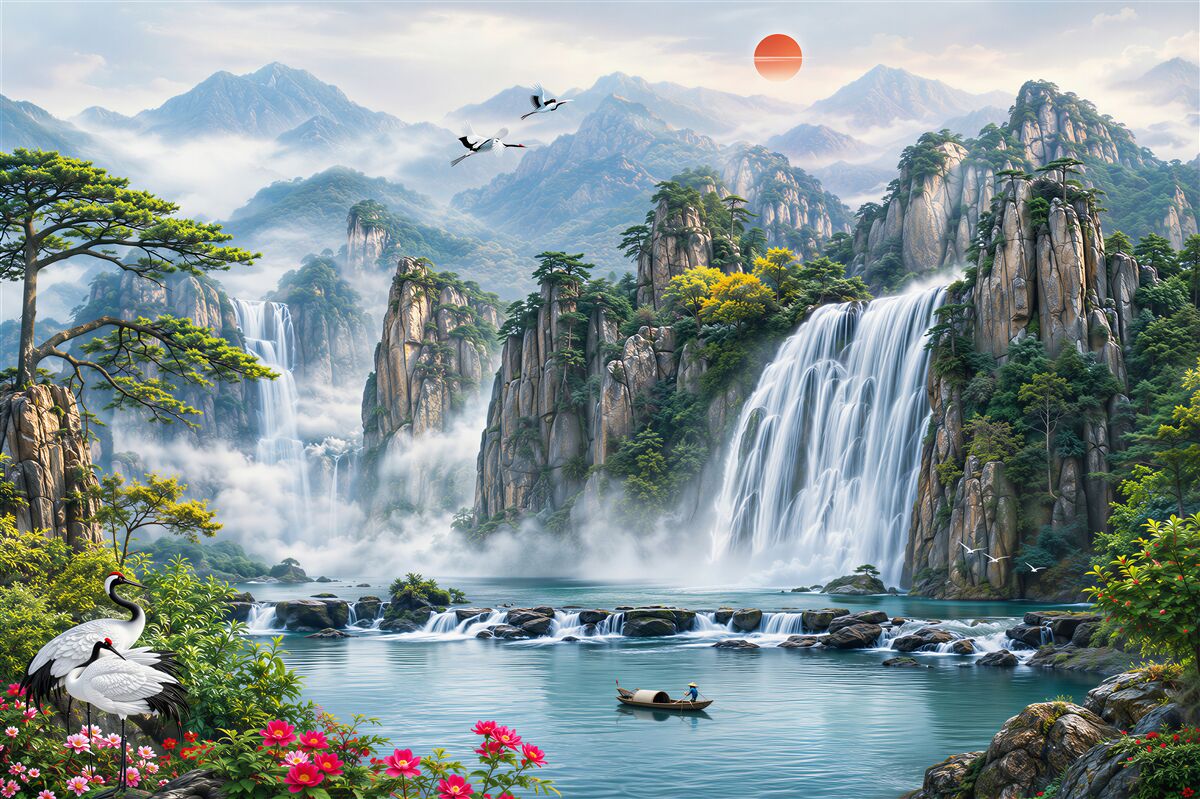 Fotobehang landschap met waterval en natuur