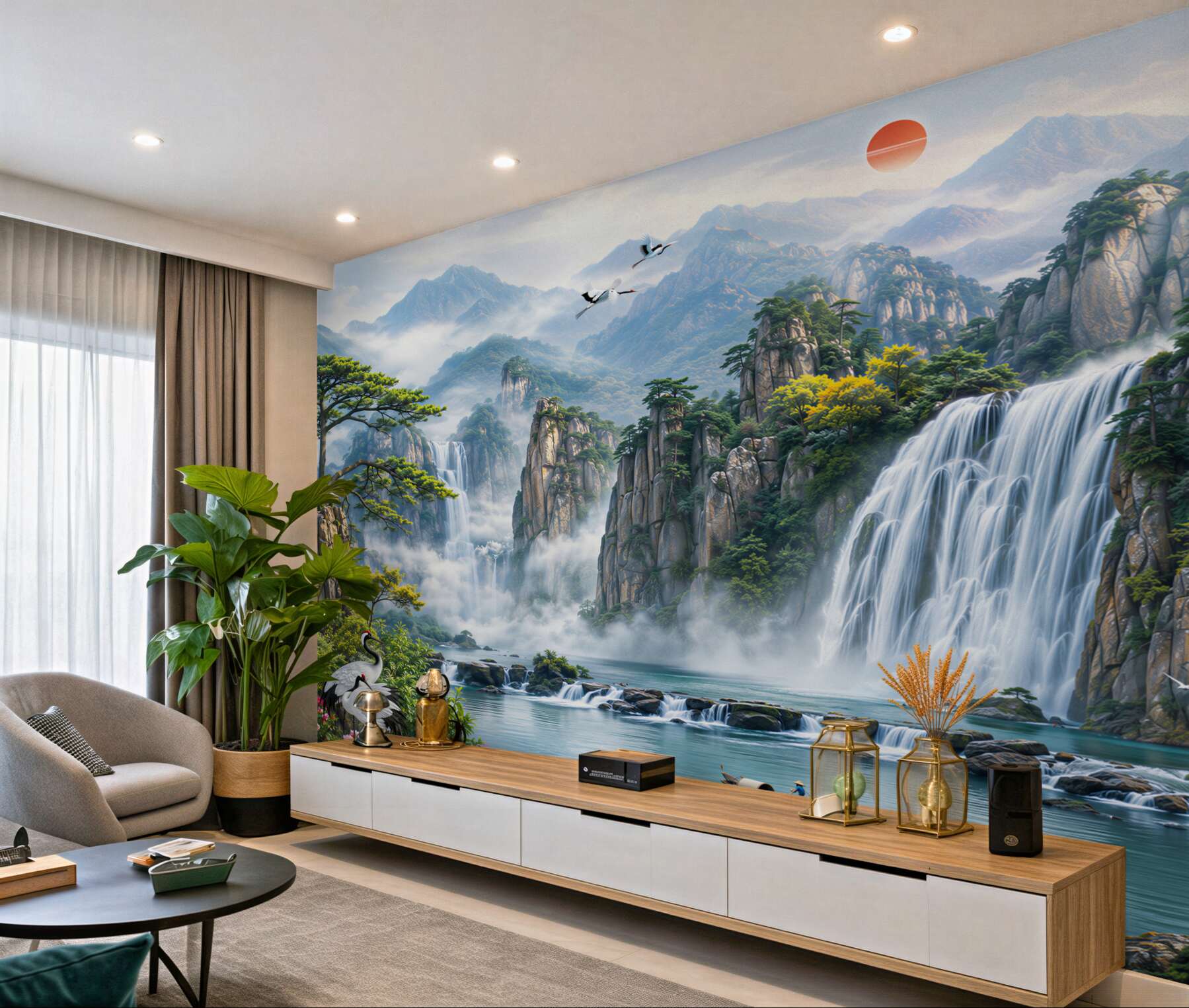 Fotobehang landschap met waterval en natuur