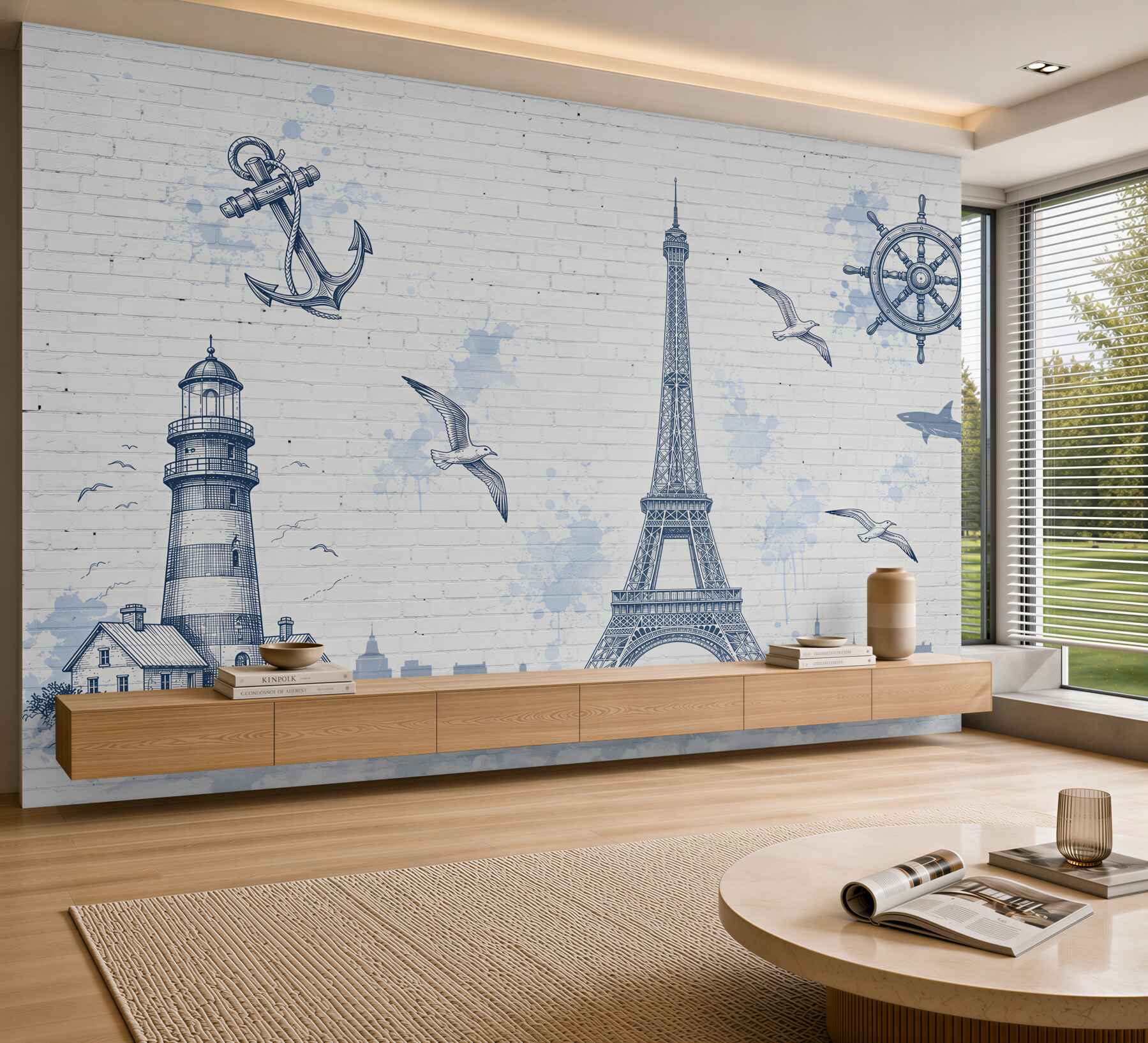 Fotobehang Eiffeltoren en vuurtoren op een muur