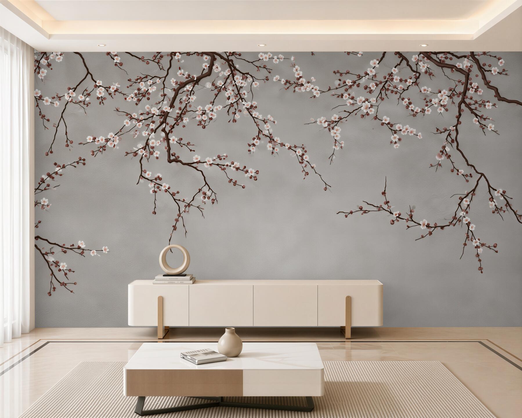 Fotobehang takken van bomen met kleine bloemen