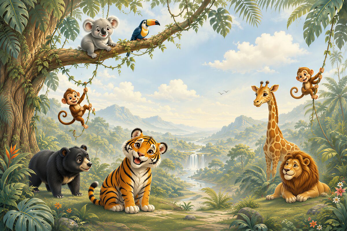 Fotobehang wilde dieren op een bosweide