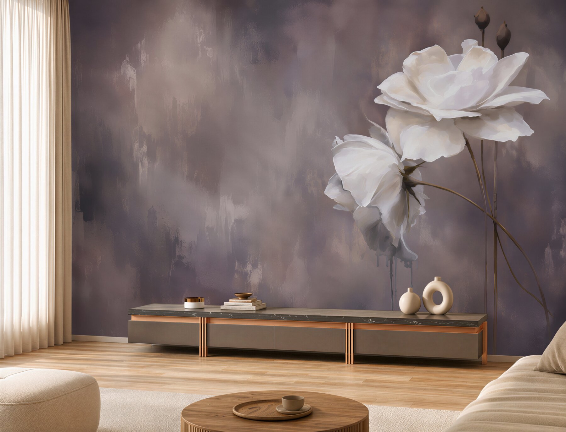 Fotobehang twee grote witte bloemen