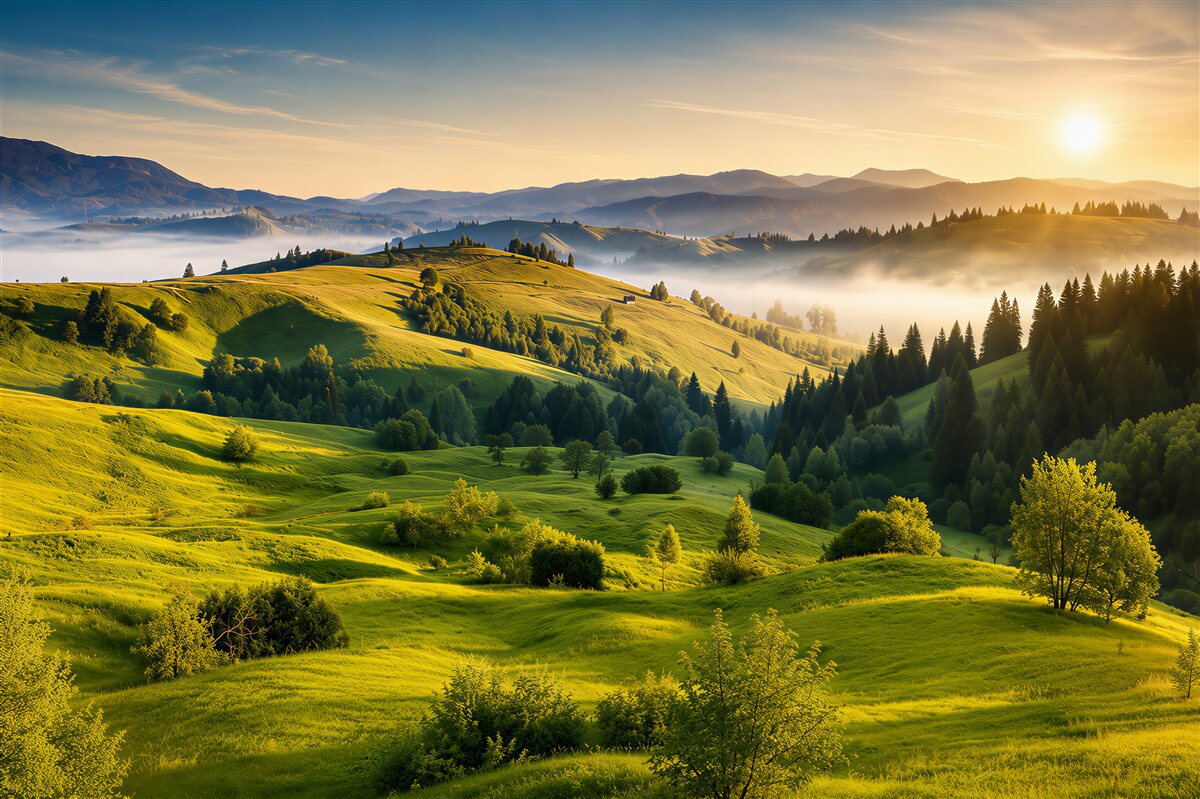 Fotobehang de dageraad verwarmt de bergweiden