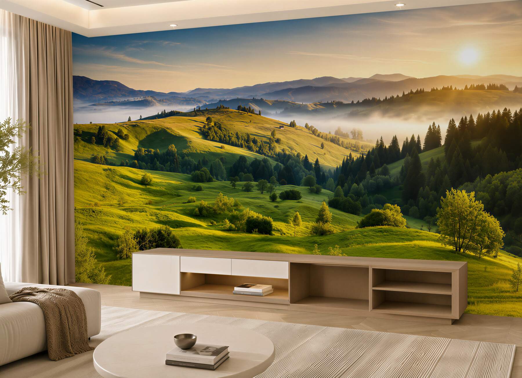 Fotobehang de dageraad verwarmt de bergweiden