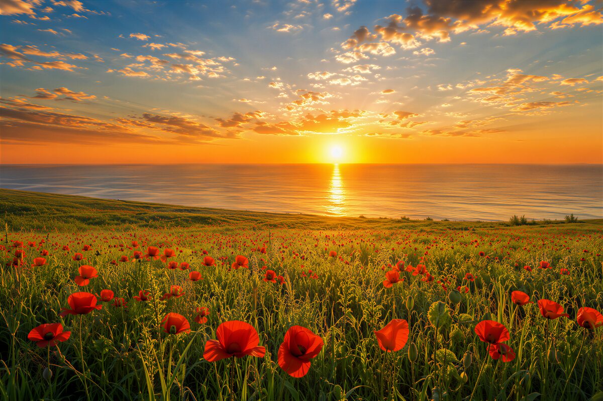 Fotobehang heldere zomerse zonsondergang op een veld met klaprozen