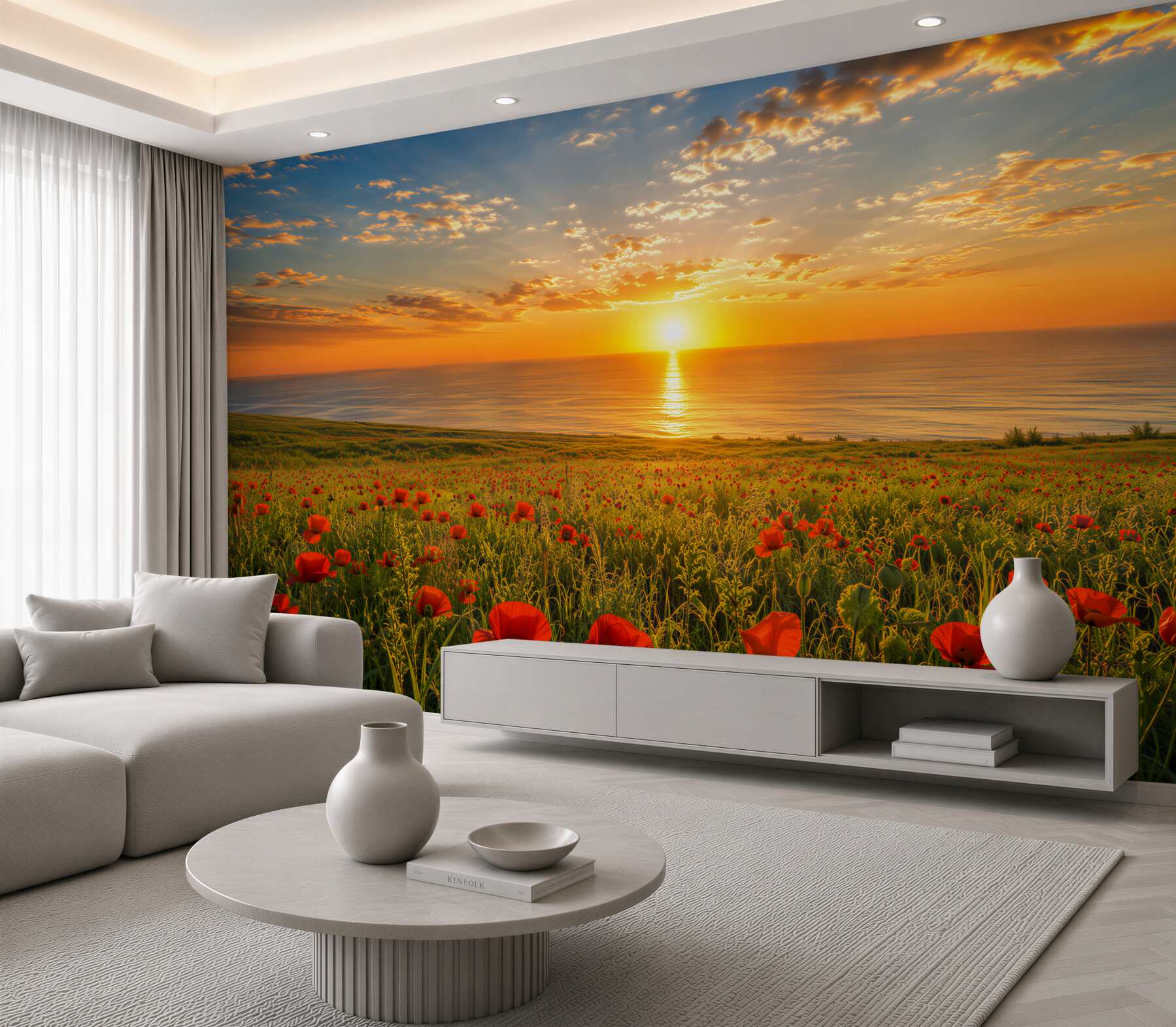 Fotobehang heldere zomerse zonsondergang op een veld met klaprozen