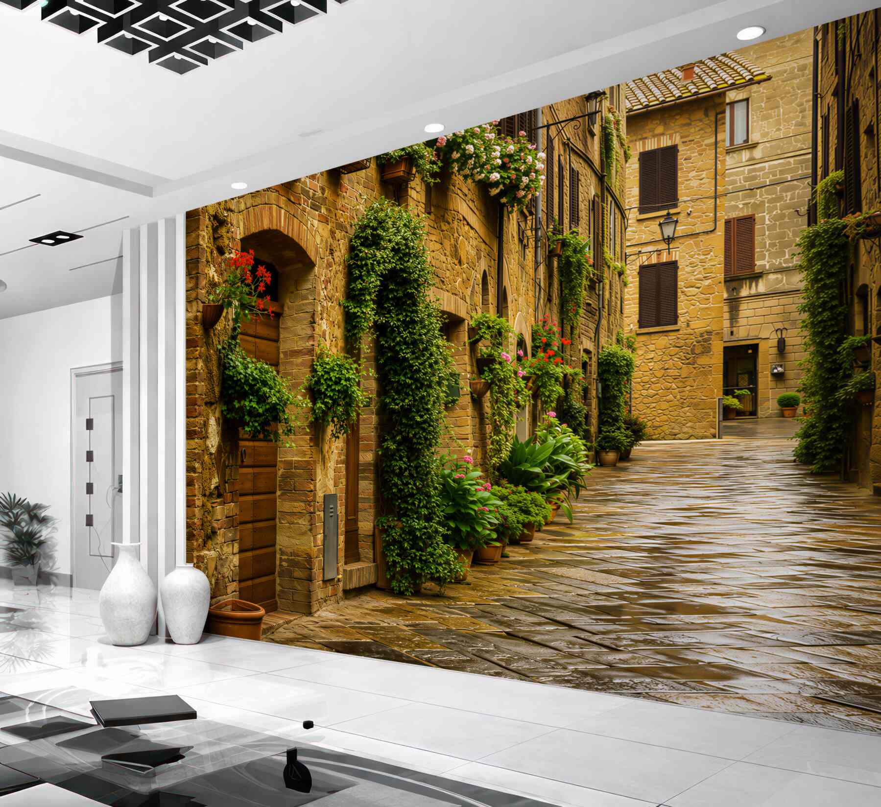 Fotobehang oude stenen straat omgeven door groen