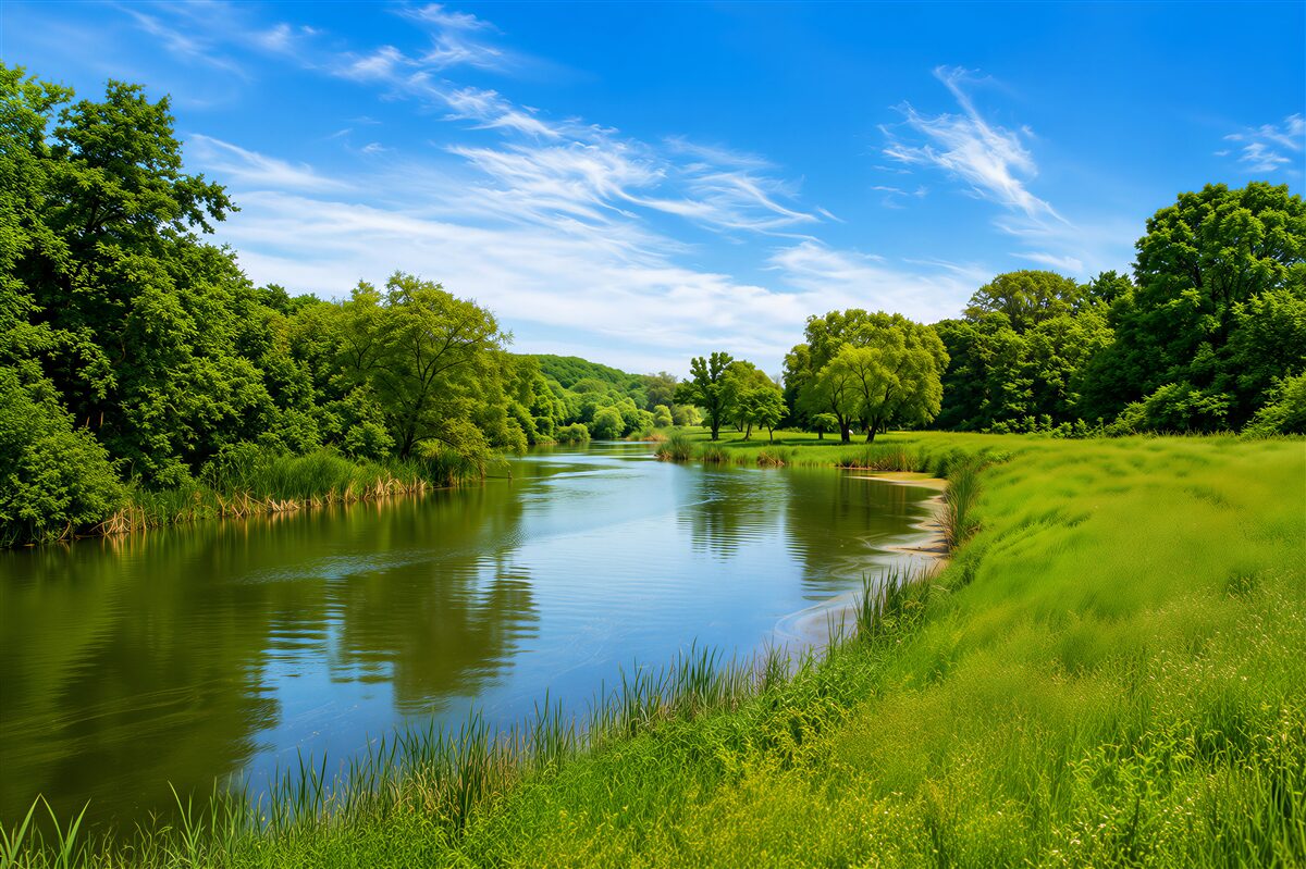 Fotobehang rustige wateren op een groene weide