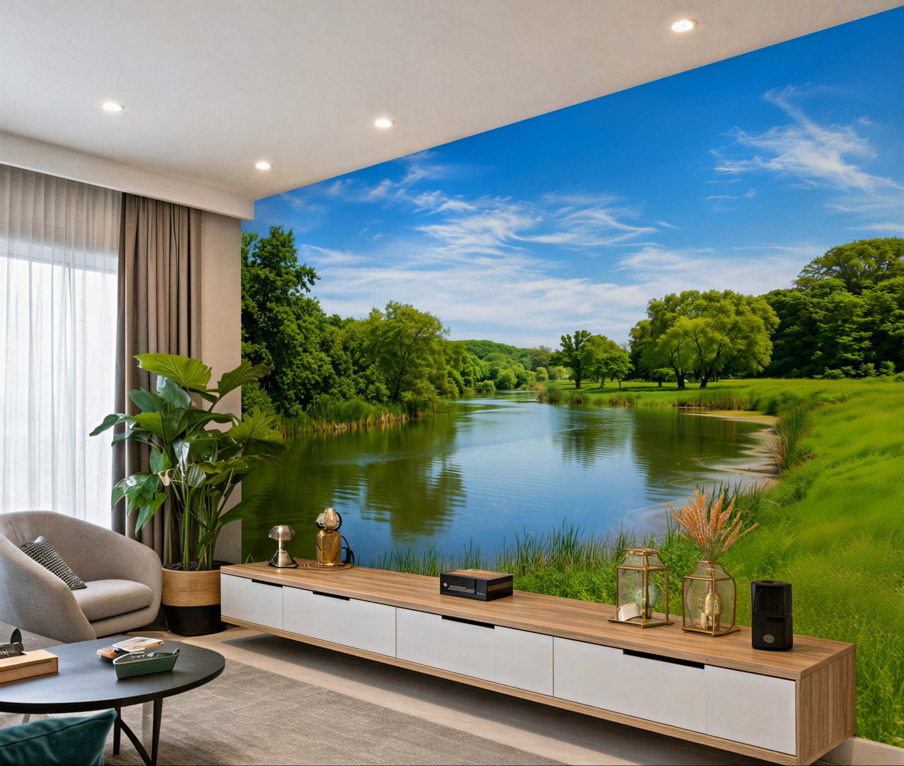 Fotobehang rustige wateren op een groene weide