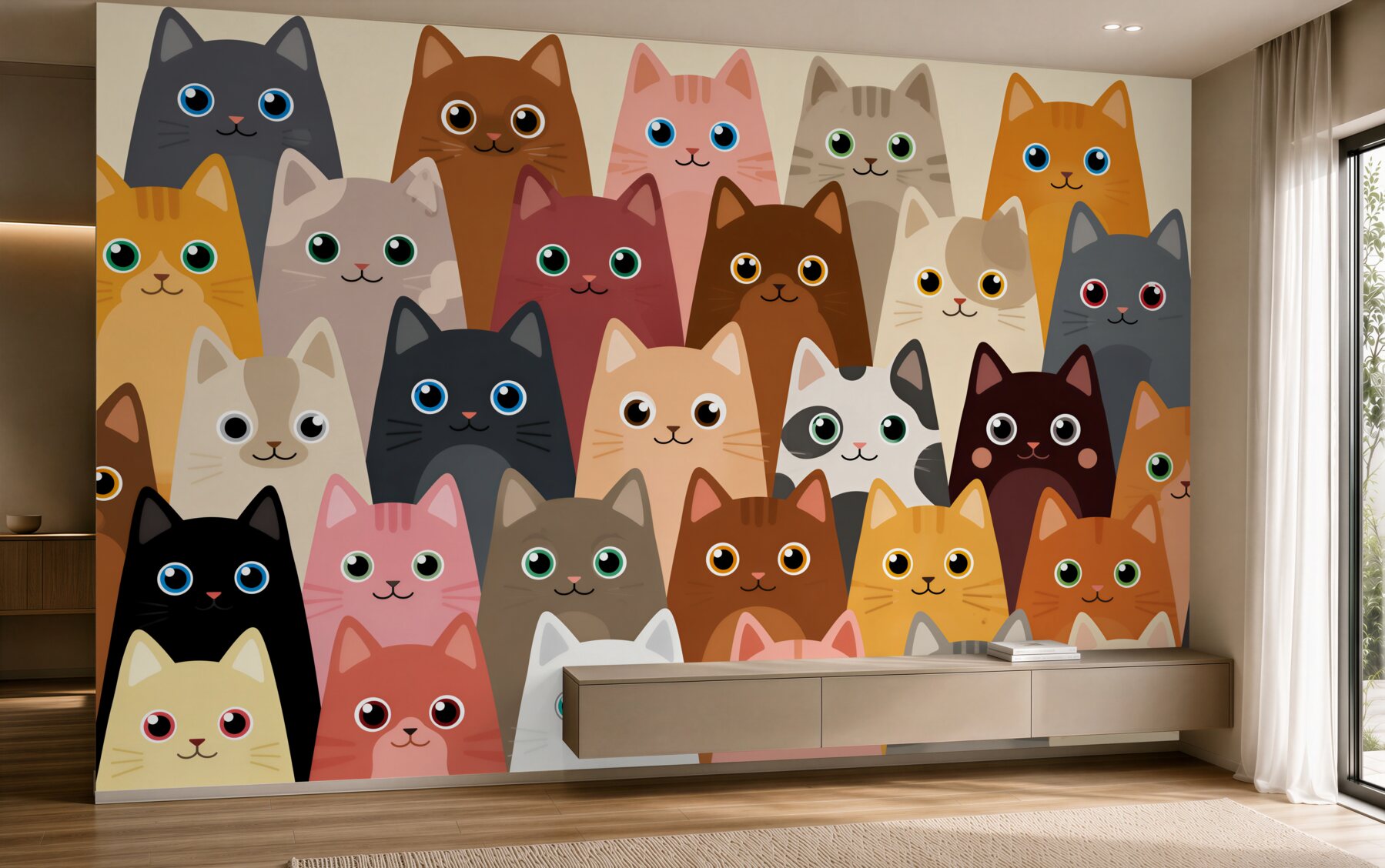 Fotobehang vol met katten met grote ogen
