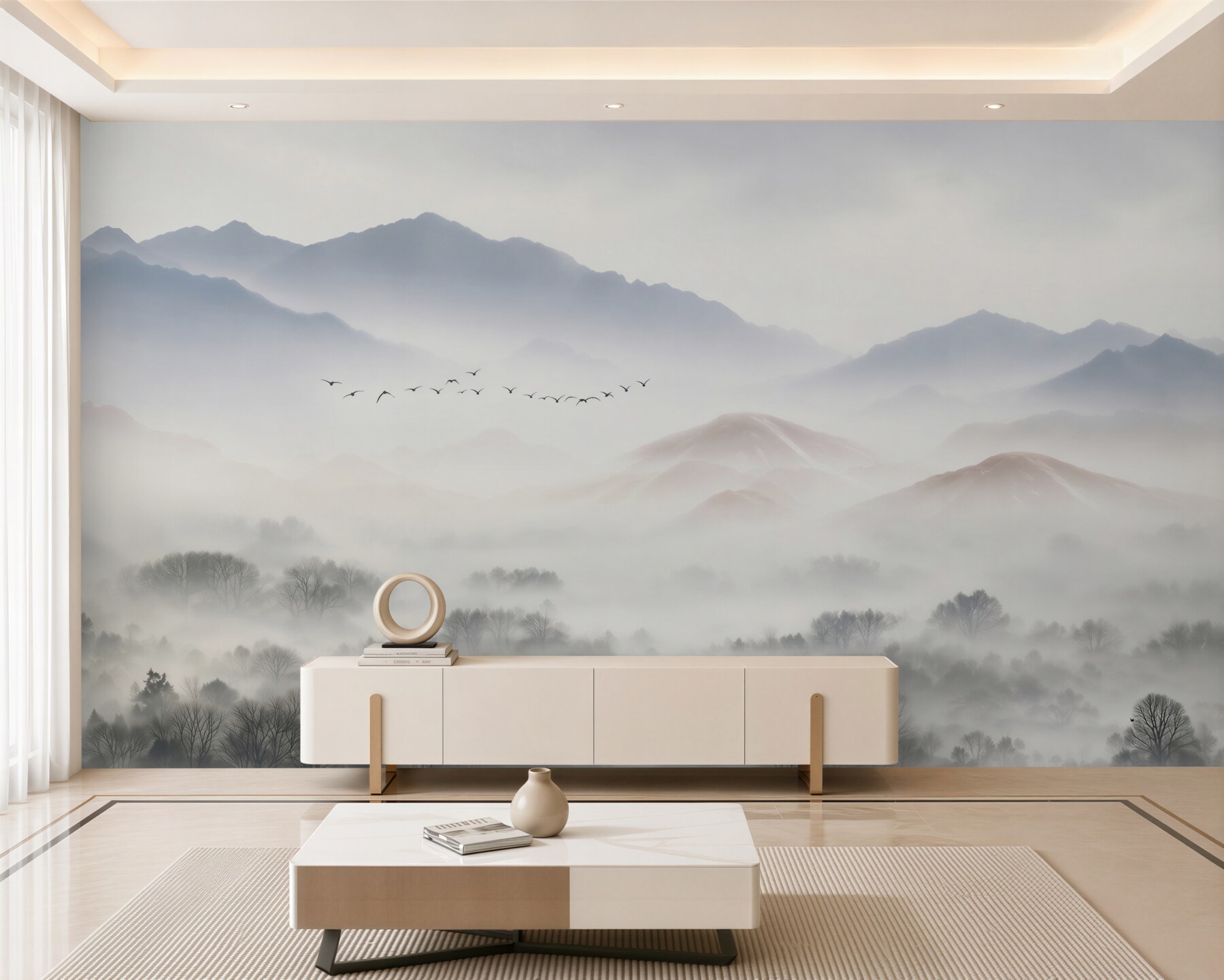 Fotobehang dikke en koude mist omhult de bergen