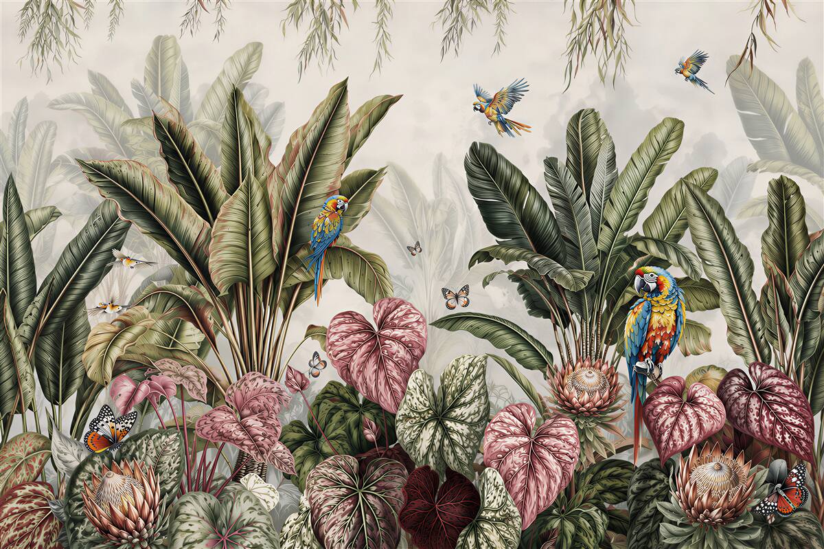 Fotobehang weelderige junglevegetatie en papegaaien