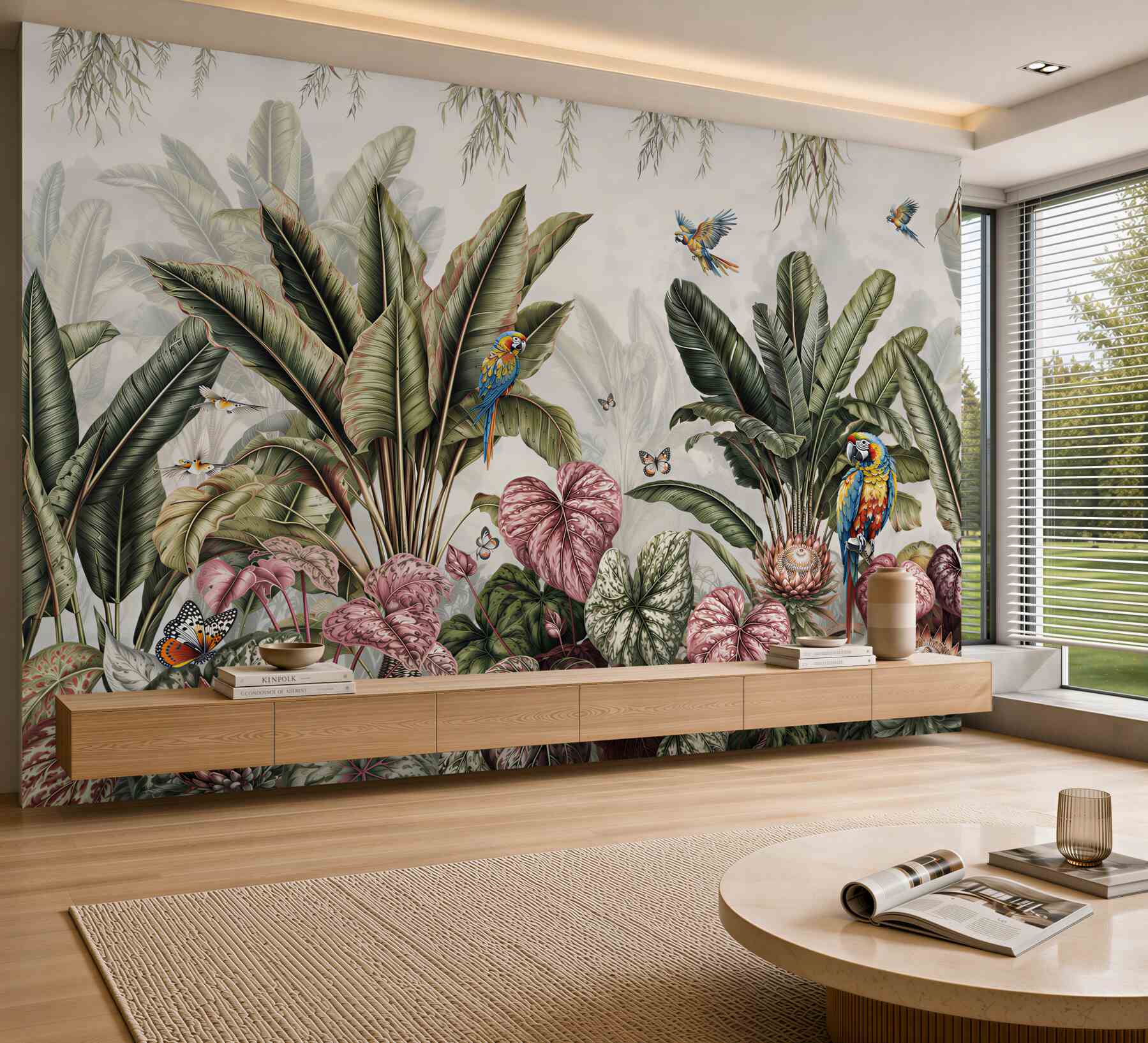 Fotobehang weelderige junglevegetatie en papegaaien