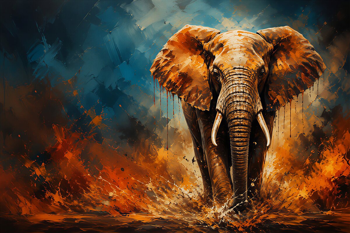 Fotobehang grote olifant die naar de zonsondergang loopt