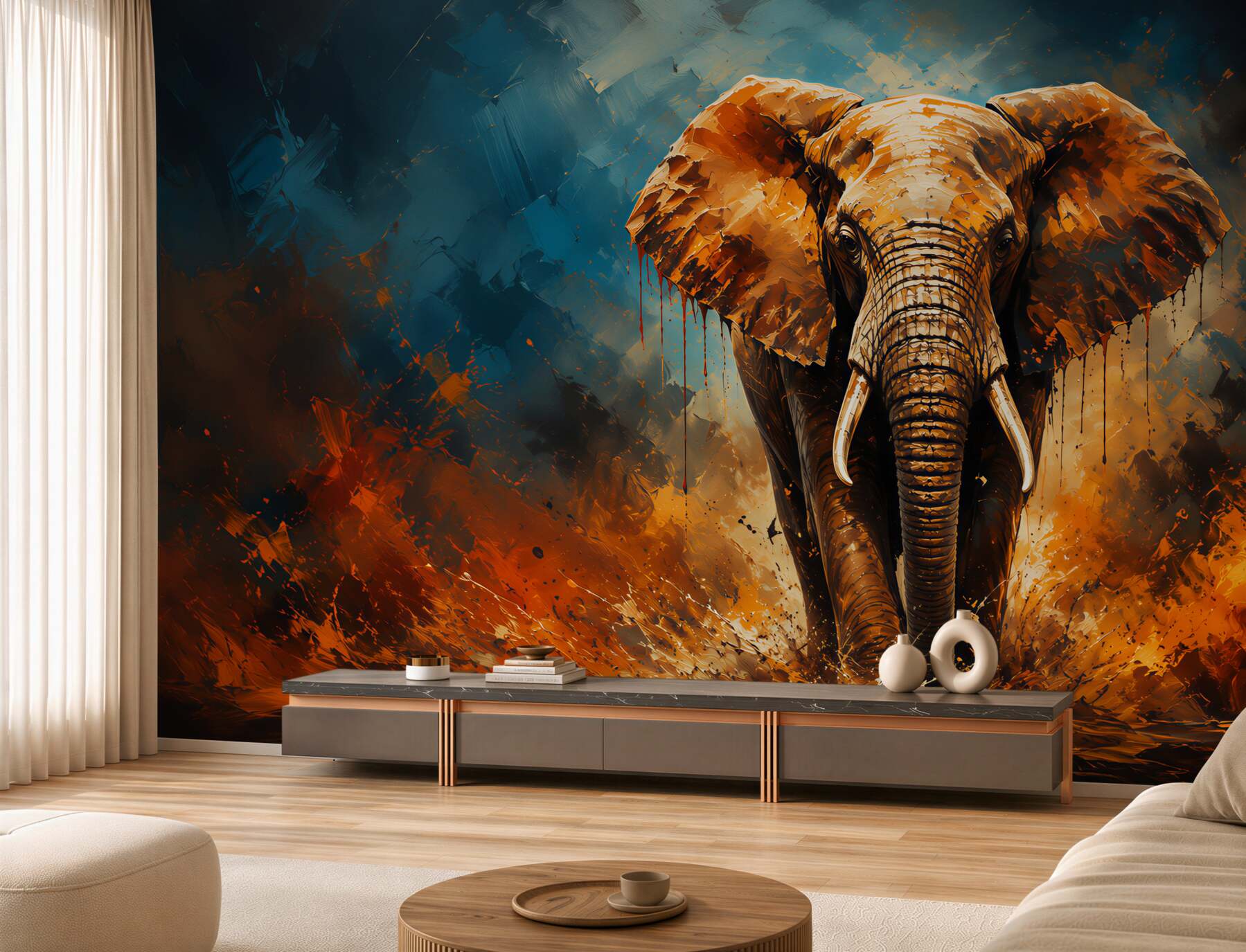 Fotobehang grote olifant die naar de zonsondergang loopt