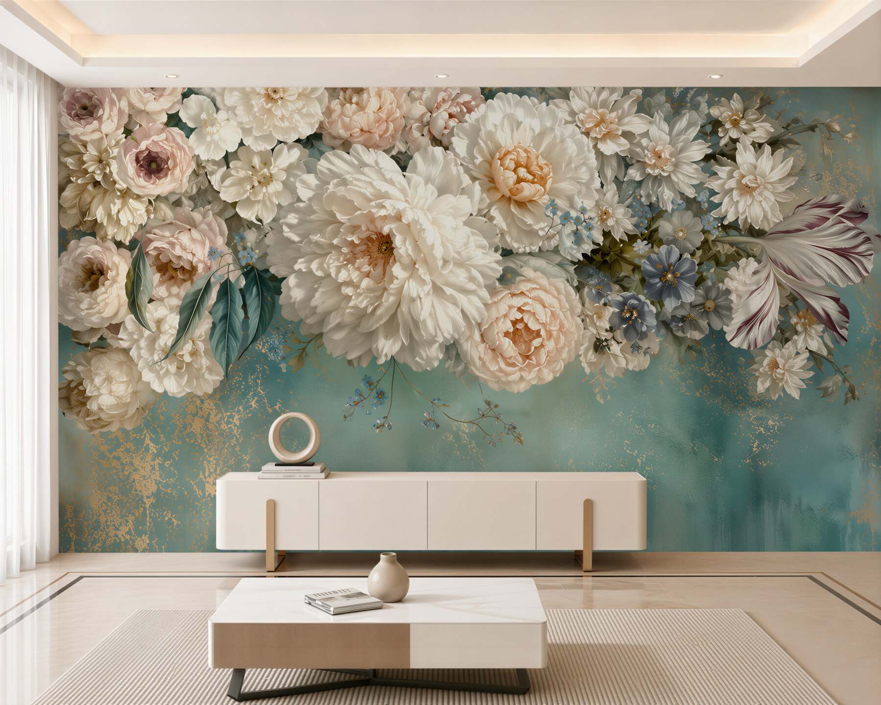 Fotobehang grote tak bestrooid met bloemknoppen