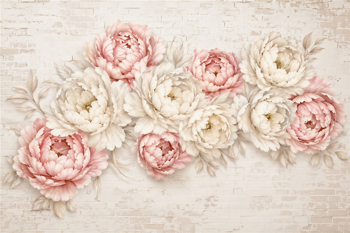 Fotobehang witte en roze knoppen op een bakstenen achtergrond