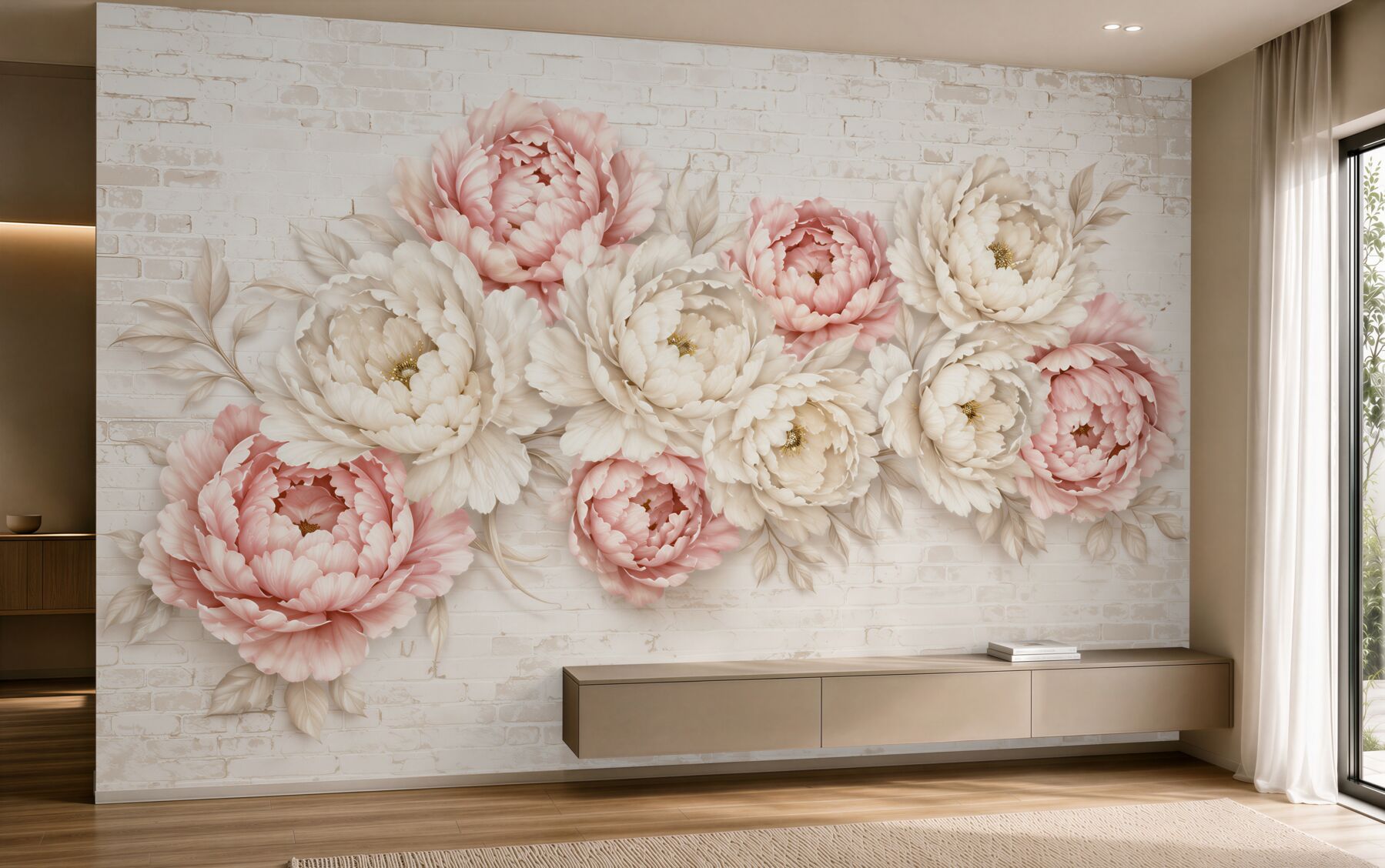 Fotobehang witte en roze knoppen op een bakstenen achtergrond