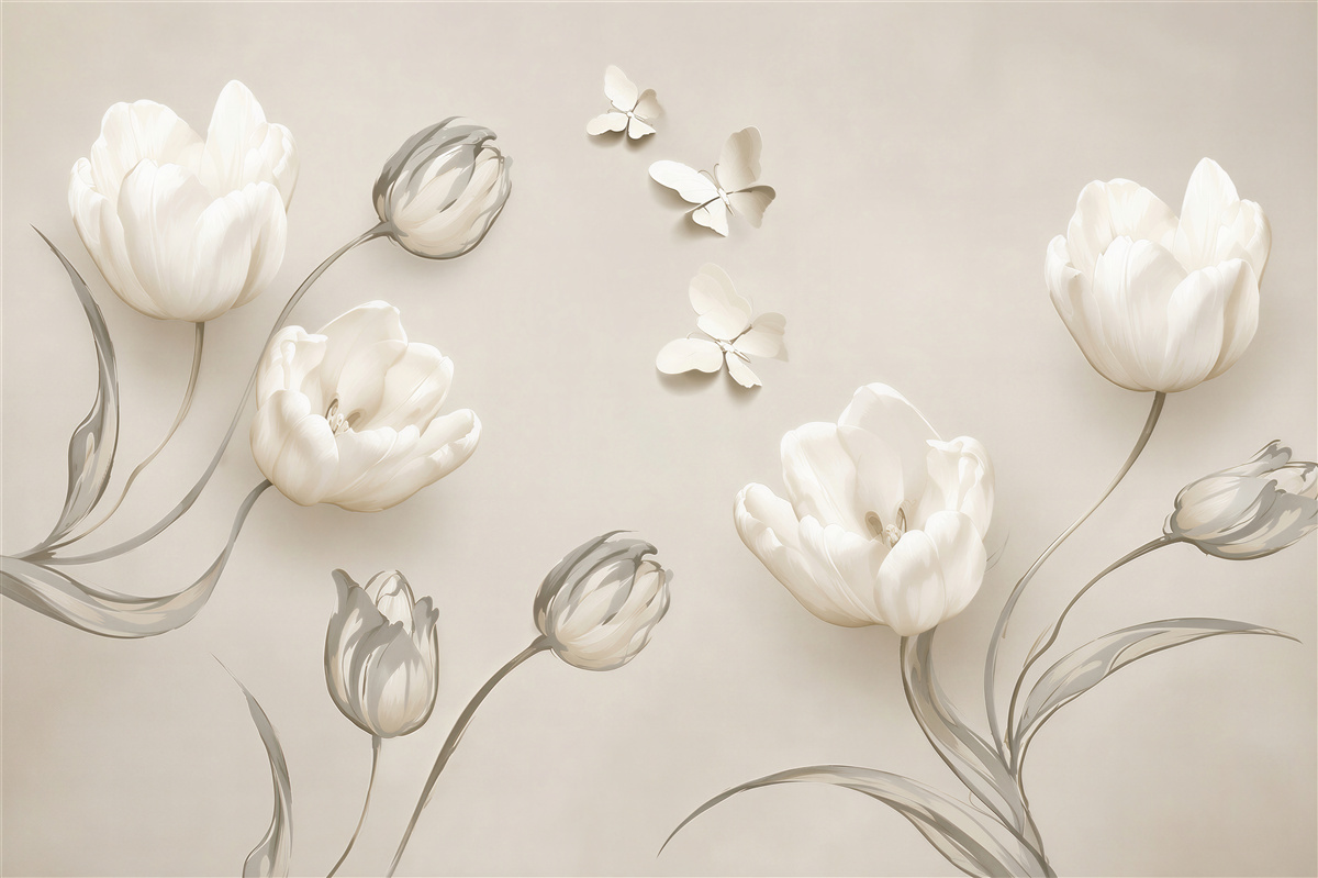 Fotobehang sneeuwwitte tulpen en vlinders ernaast