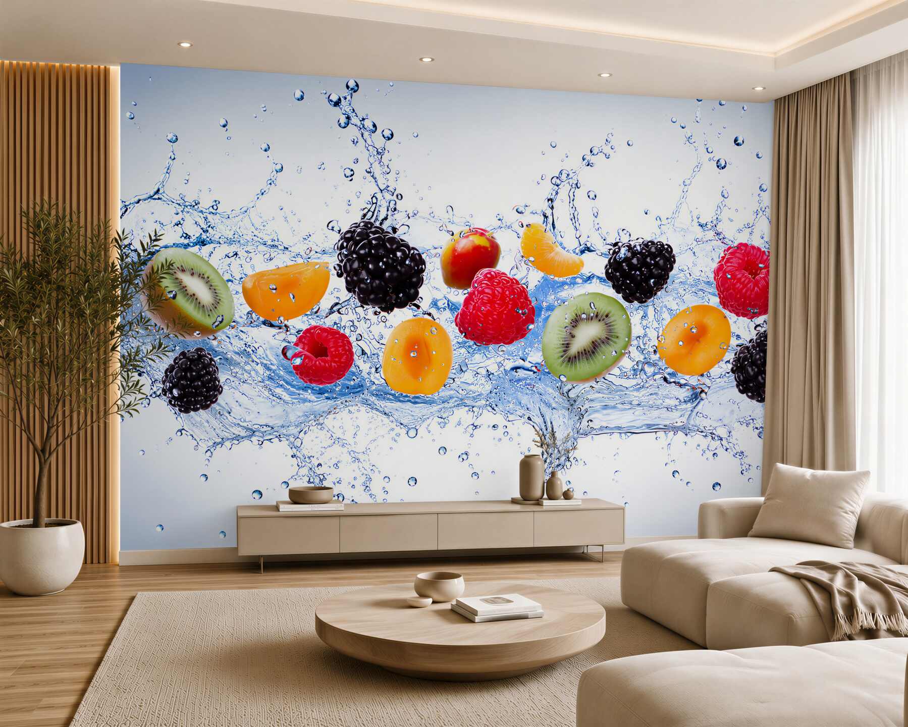 Fotobehang sappige vruchten in water snijden