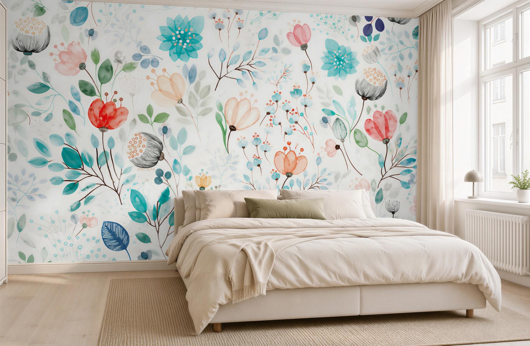 Fotobehang delicate aquarel bloemen en bladeren