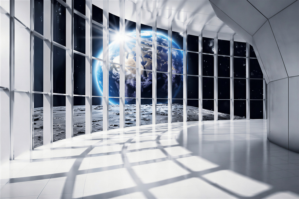 Fotobehang licht van de planeet dat de gang van het gebouw binnenkomt