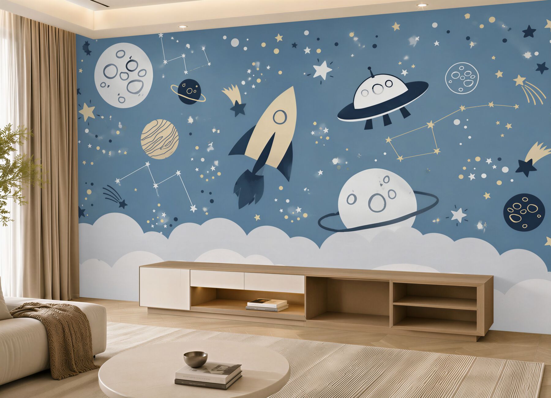 Fotobehang raket en ufo in de ruimte