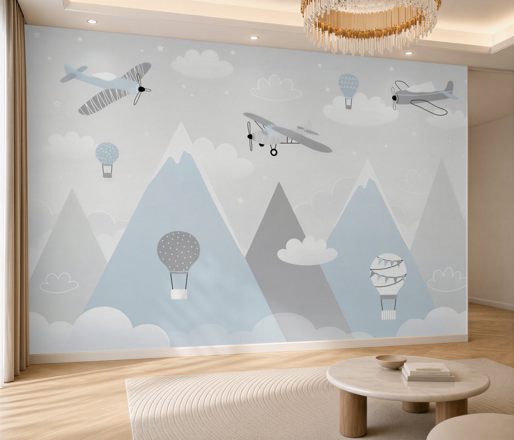 Fotobehang vliegtuigen en luchtballonnen boven de bergen