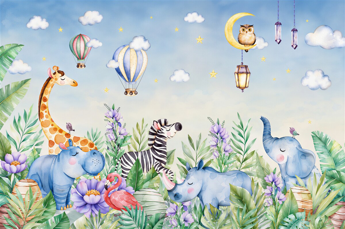 Fotobehang schattige dieren en ballonnen