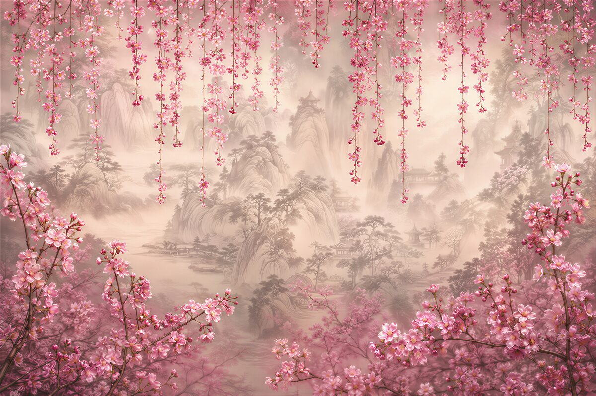Fotobehang roze bloemen die boven het water vallen
