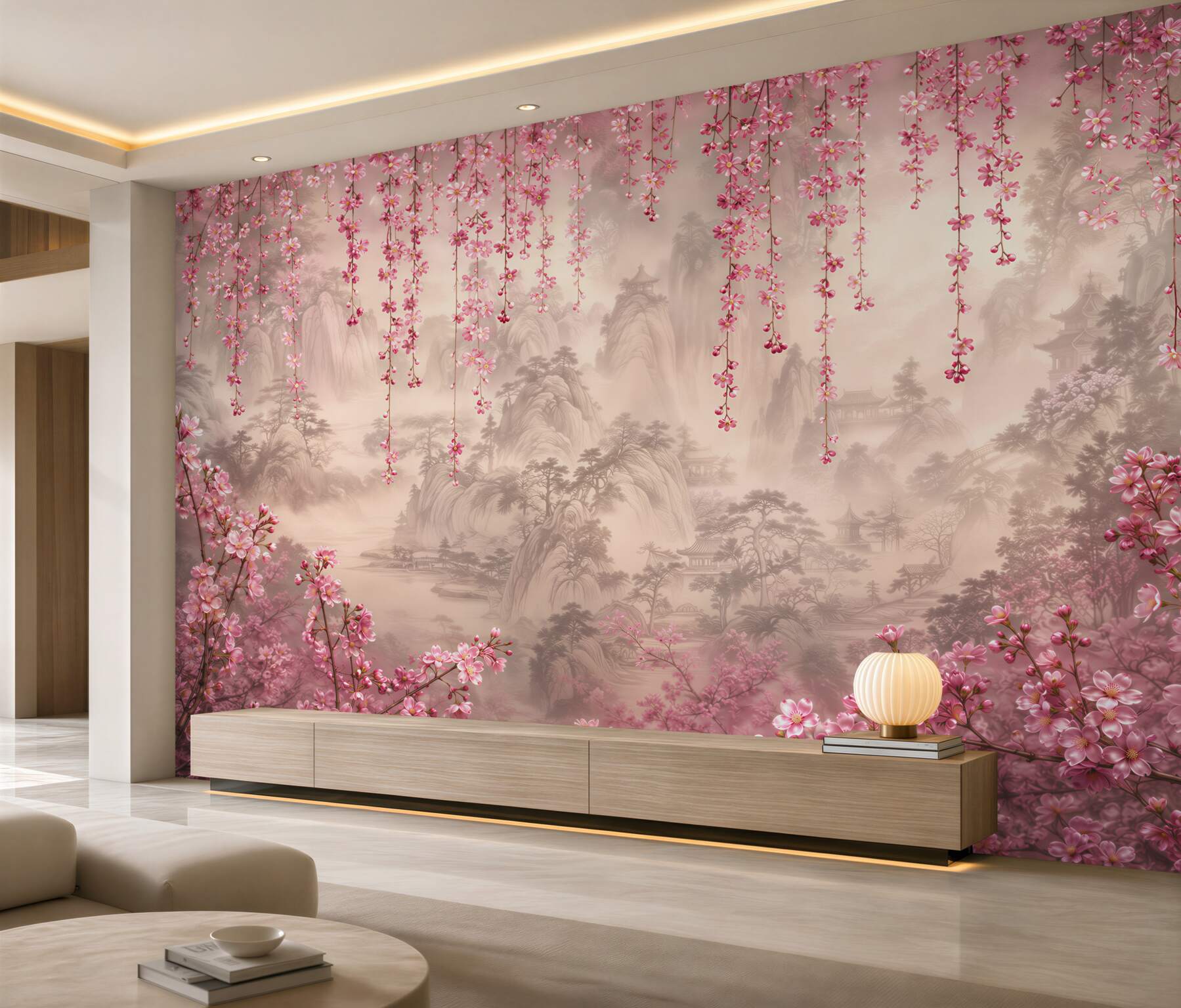 Fotobehang roze bloemen die boven het water vallen