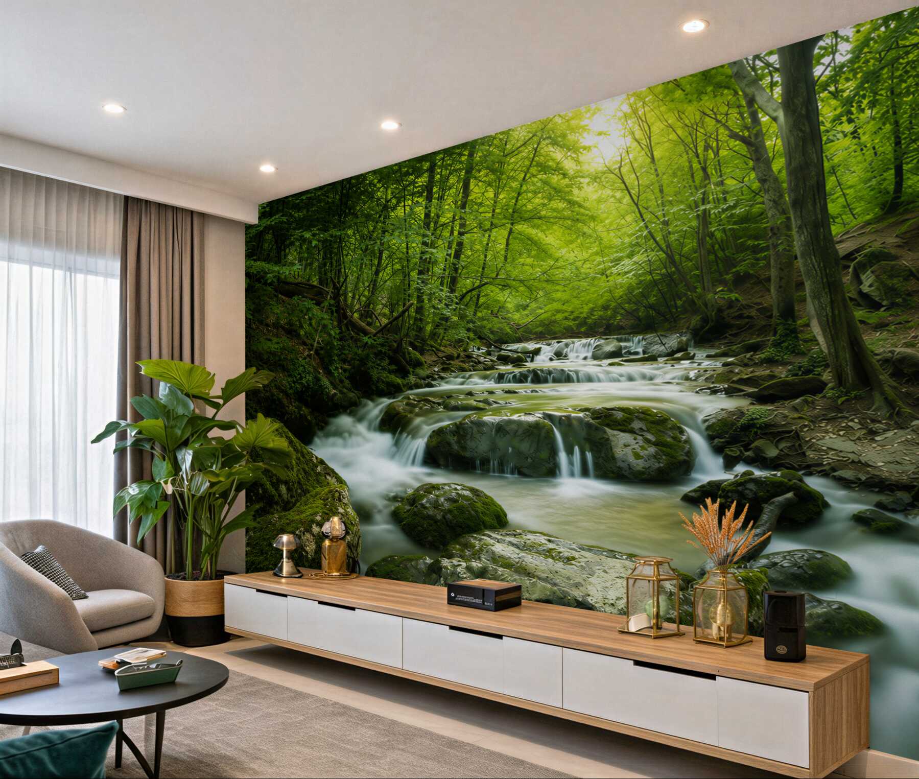 Fotobehang rustige wateren van een waterval in een groen bos